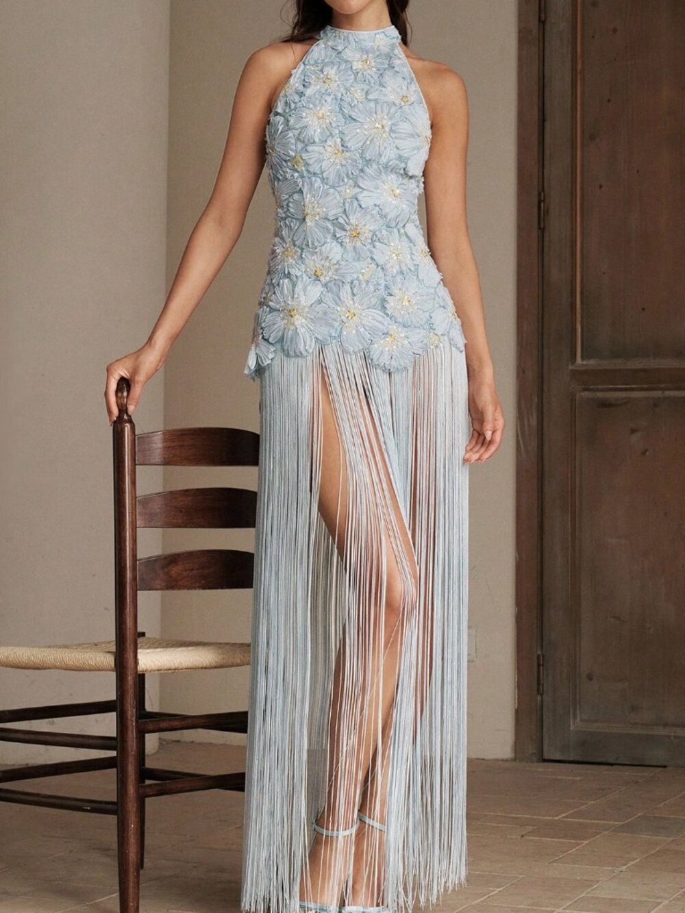 Baby Blue Romantic Women's Embroidered Tassel Neck Dress - Picture 4 of 7